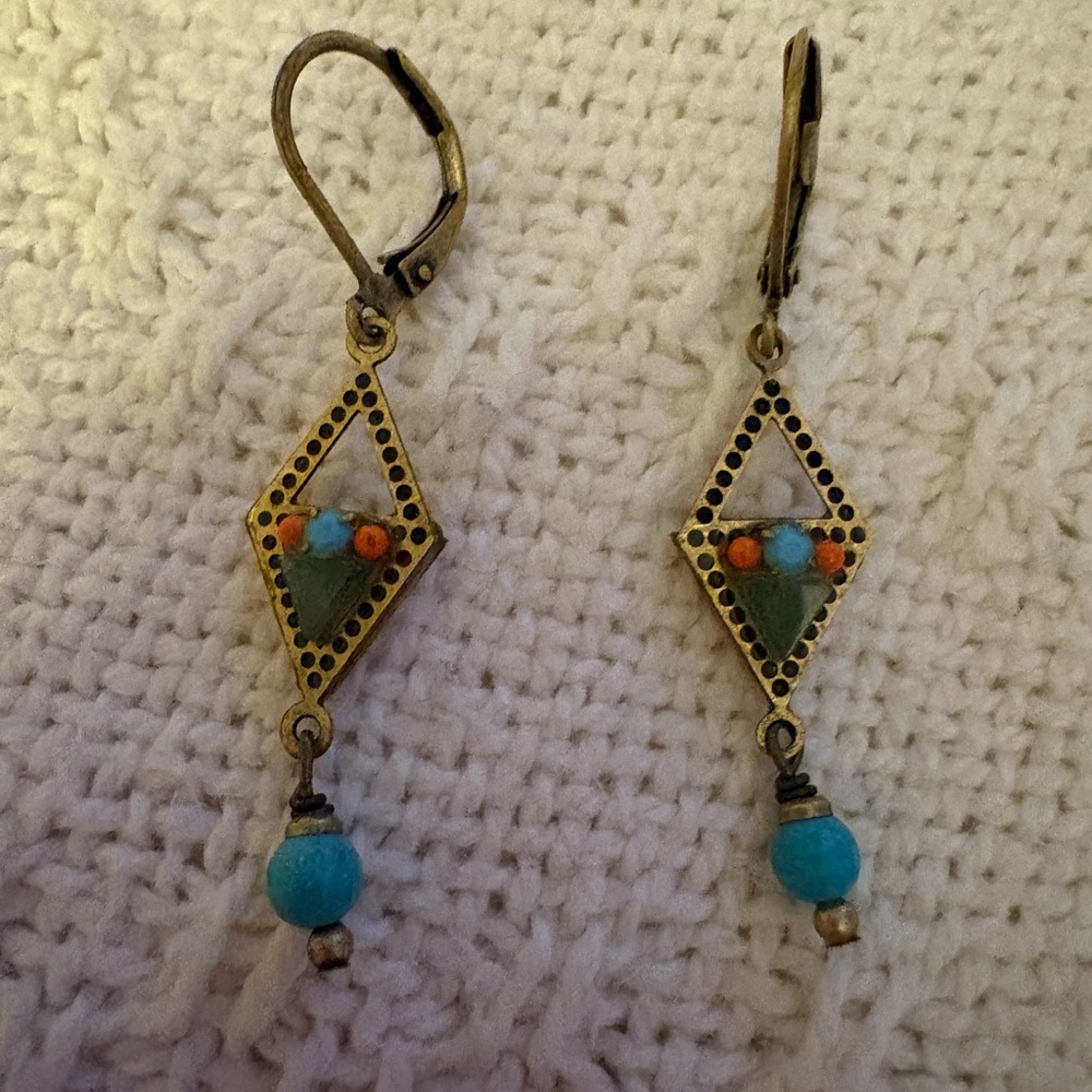 Cool Metal Geometric Earrings with Turquoise and Orange Accents